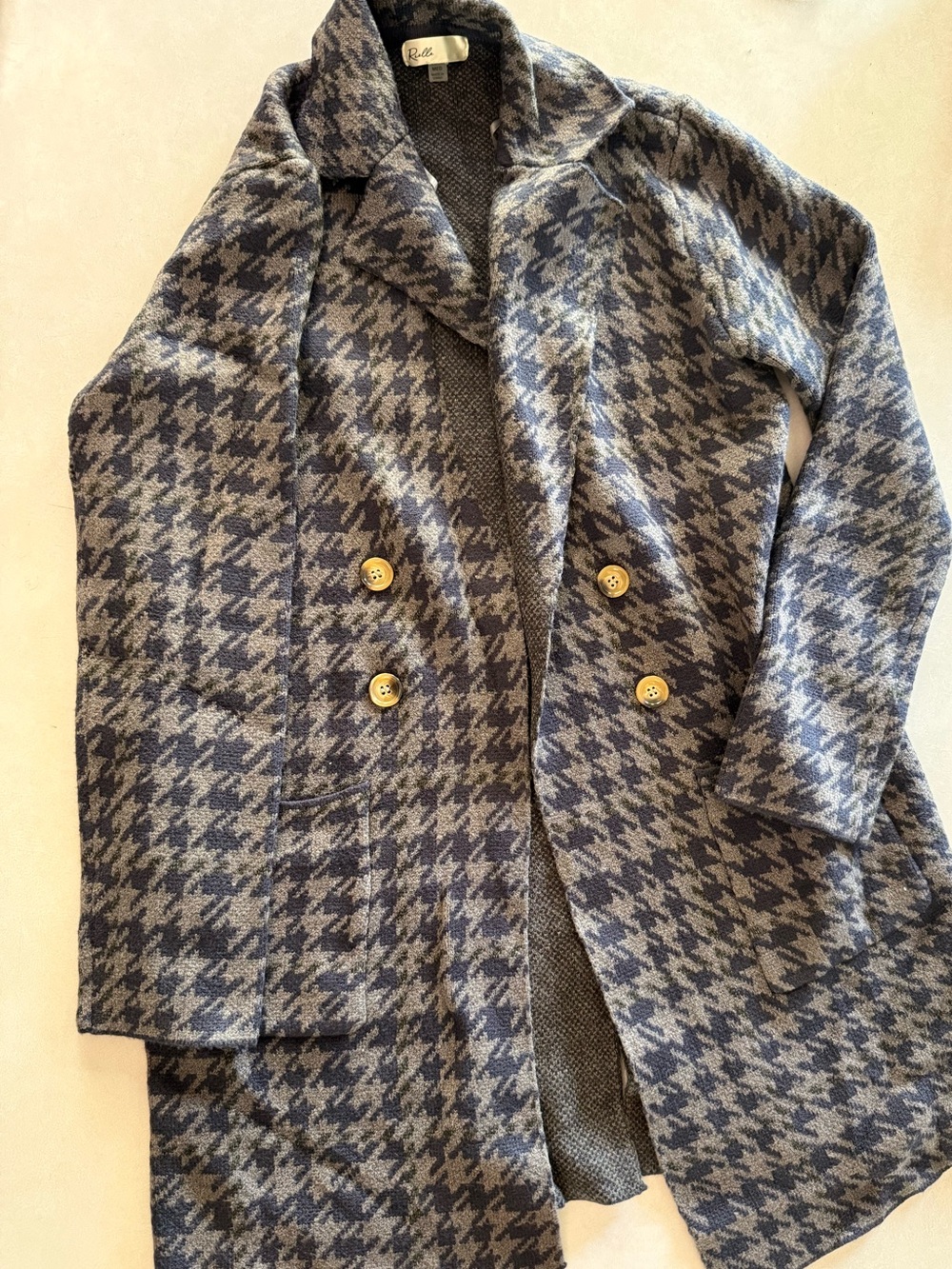 Rielle Houndstooth Double-Breasted Cardigan — Navy & Gray